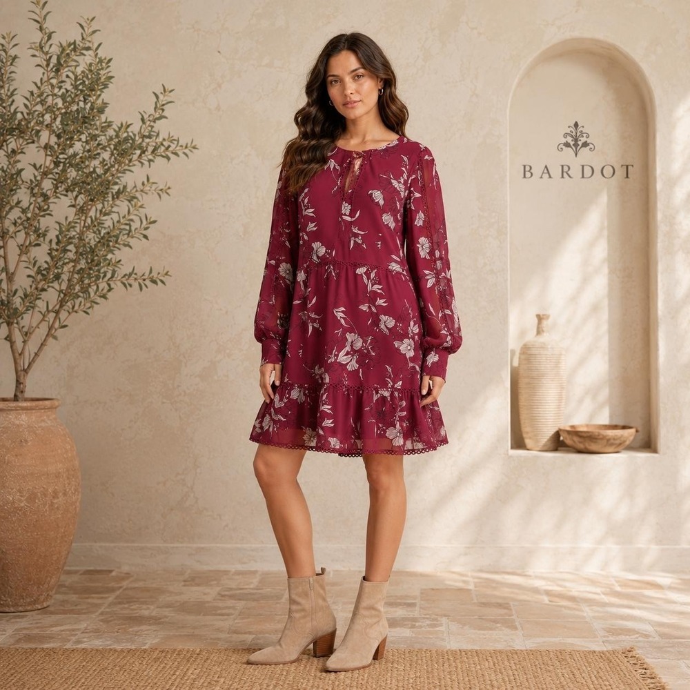 BARDOT Women's New Knee Length Dress 12 XL Floral Red Ruffle Long Sleeve